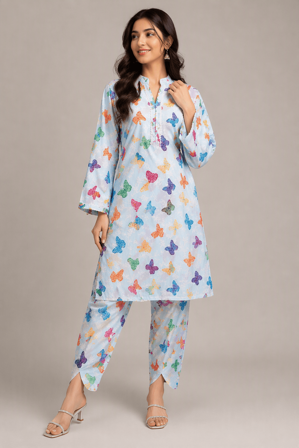 Digital Print Polo Cotton 2 Piece Suit for Girls – Butterfly Printed Shirt & Trouser Set | Soft Summer Casual & Party Wear Dress