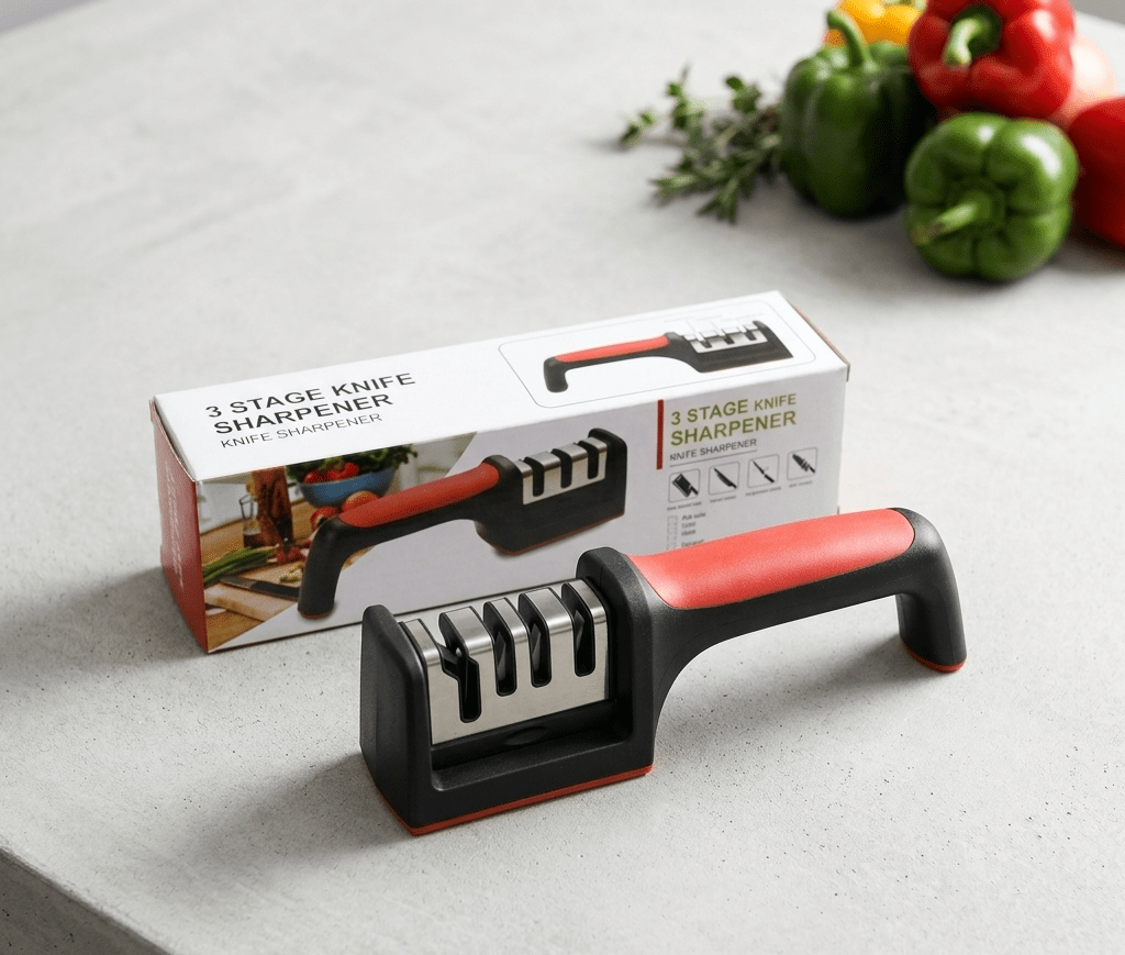 Professional 3-Stage Kitchen Knife Sharpener | Manual Sharpening Tool for Steel & Ceramic Knives | Ergonomic Handle & Non-Slip Base for Effortless Grip - Image 4