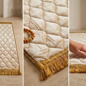 Royal Cream Embossed Velvet Prayer Mat (Janamaz)