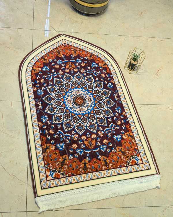 Traditional Moroccan Dome Arch Janamaz – Dark Plum & Rust 70x115 cm | Islamic Prayer Mat - Image 3