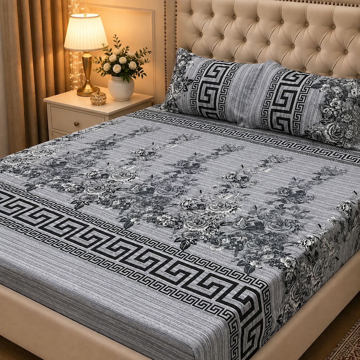 3D Crystal Cotton 3 Piece Bedsheet Set Premium Fabric Lifetime Guarantee Includes Bedsheet And Pipping Pillow Covers