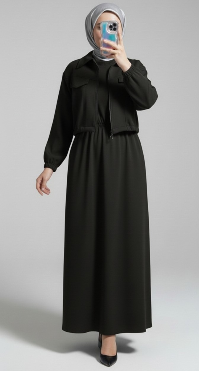 Stylish 2 Piece Set Long Frock Maxi Dress With Matching Zipper Jacket Premium Quality