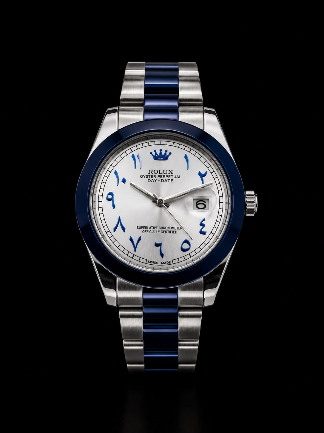 Premium Luxury Arabic Dial Watch | Elegant Stainless‑Steel Strap With Blue Accents & Date Display - Image 4