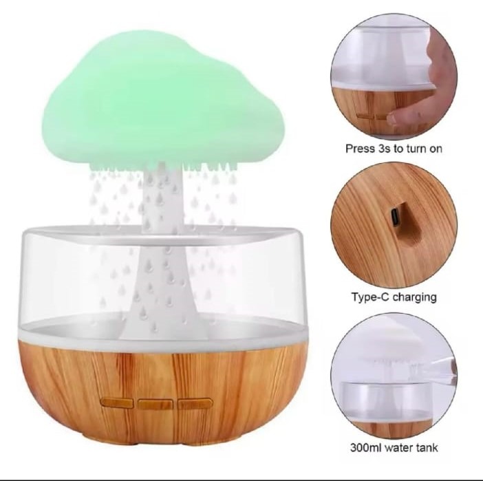 Rechargeable Cloud Rain Aroma Diffuser And LED Humidifier - Elegant Ambient Night Light With Realistic Raindrop Effect For Home And Office Decor - Image 3