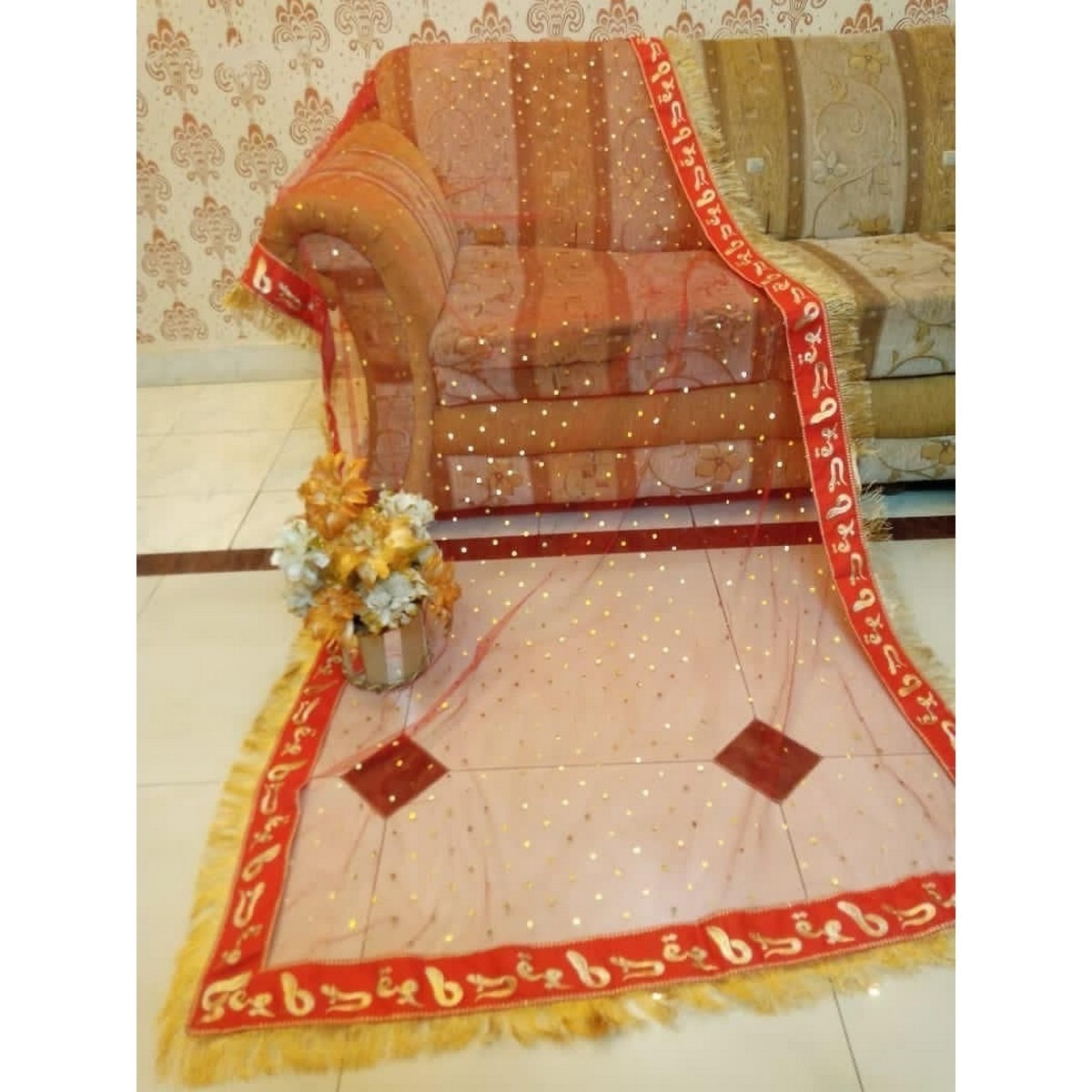 Nikkah Bridal Red Dupatta with Qabool Hai Embroidery & 4-Side Kiran Lace – Premium Wedding Veil for Bride - Image 3