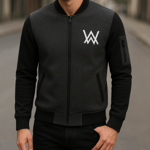 NEW Winter Collection Charcoal Grey WA Printed Zipper Jacket for Men & Boys – Premium Fleece Material, Stylish Bomber Design, Full Front Zipper Closure