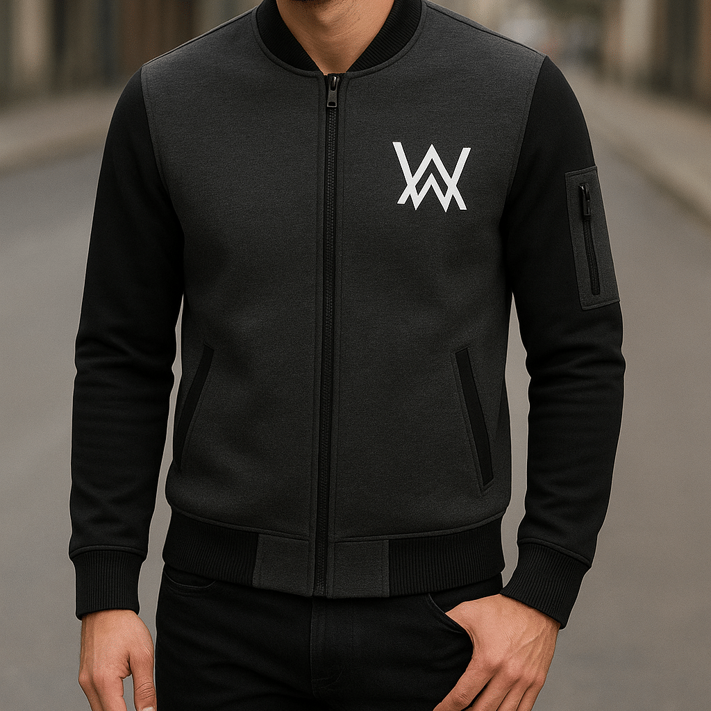 NEW Winter Collection Charcoal Grey WA Printed Zipper Jacket for Men & Boys – Premium Fleece Material, Stylish Bomber Design, Full Front Zipper Closure