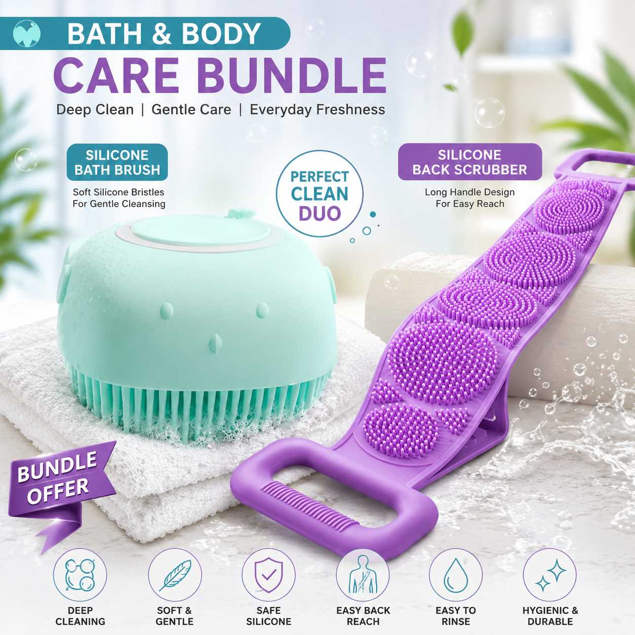 Silicone Bath Brush And Silicone Back Scrubber Care Bundle For Deep Cleansing And Gentle Body Care (Random Color) - Image 3