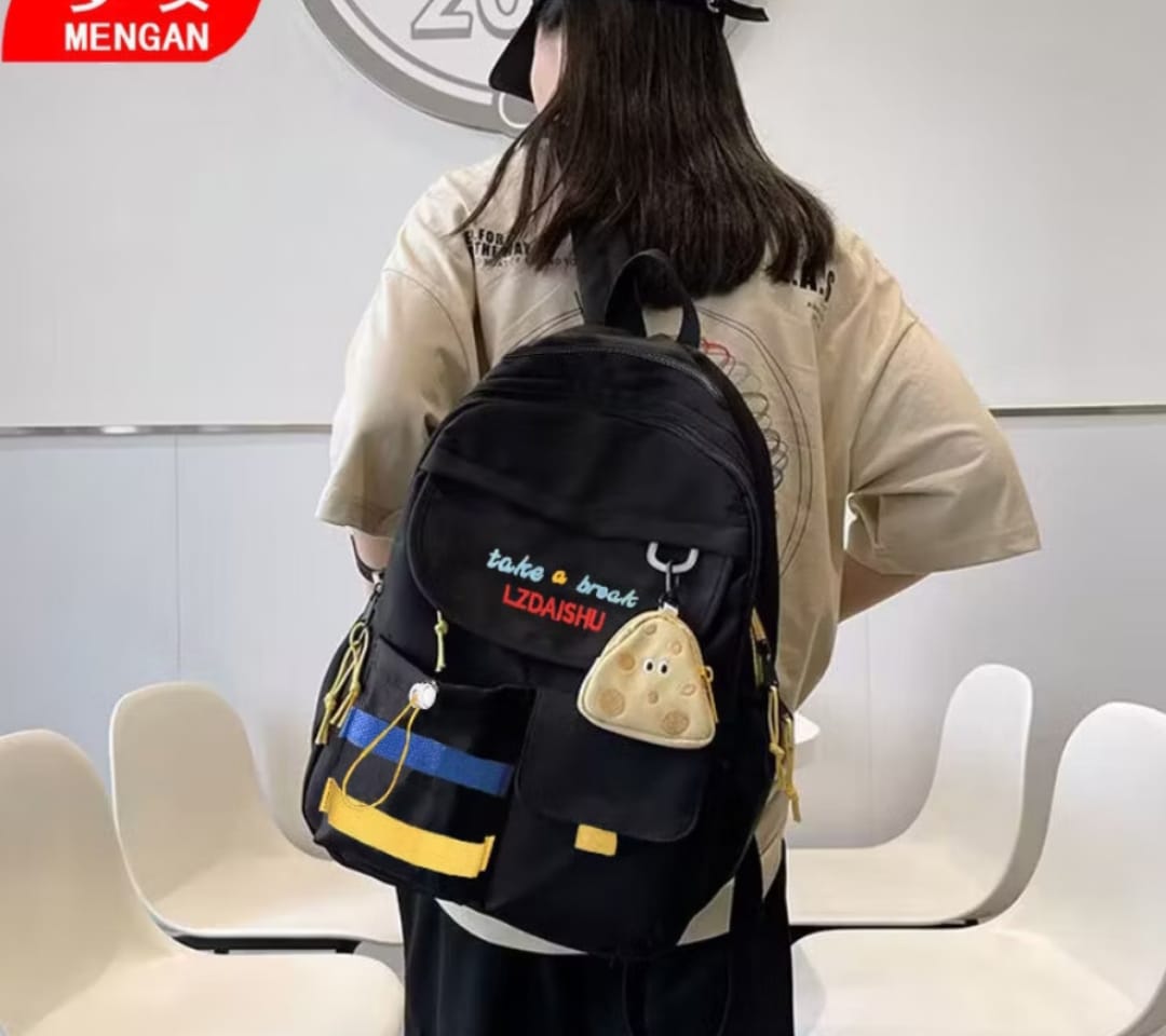 Stylish Black Backpack with Blue & Yellow Stripes + Cute Mouse-Shaped Coin Purse | Lightweight, Durable, School & Travel Bag - Image 3