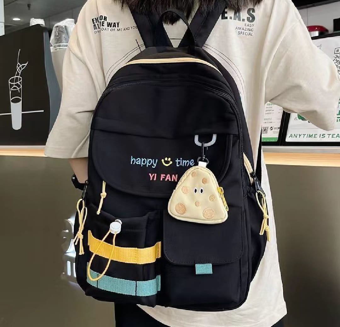 Stylish Black Backpack with Blue & Yellow Stripes + Cute Mouse-Shaped Coin Purse | Lightweight, Durable, School & Travel Bag - Image 2