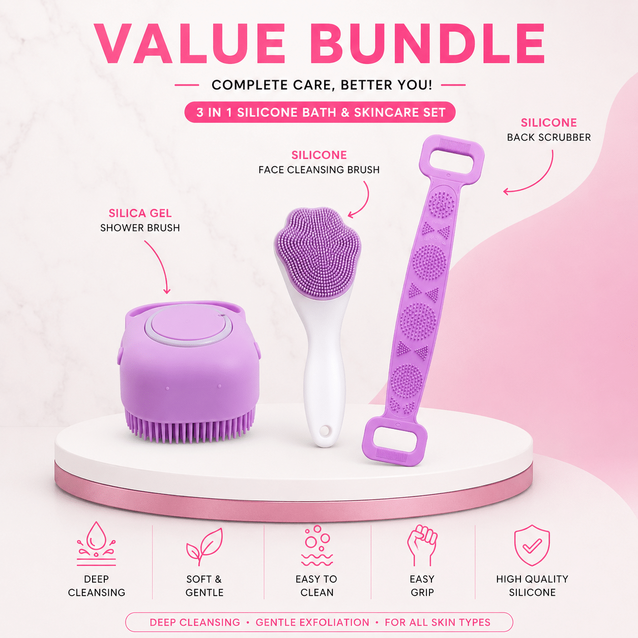 3 in 1 Silicone Bath & Skincare Value Bundle – Shower Brush, Back Scrubber & Face Cleansing Brush Set - Image 2