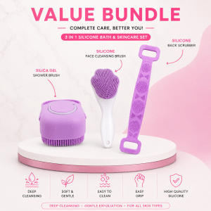 3 in 1 Silicone Bath & Skincare Value Bundle – Shower Brush, Back Scrubber & Face Cleansing Brush Set