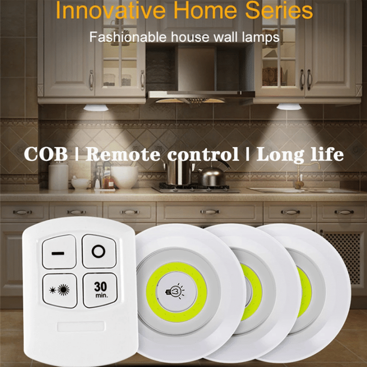 Pack of 3 LED Remote Control Lights – Tap Lights with Self Adhesive for Cabinet, Wardrobe & Kitchen ~ Cell Operated - Image 2