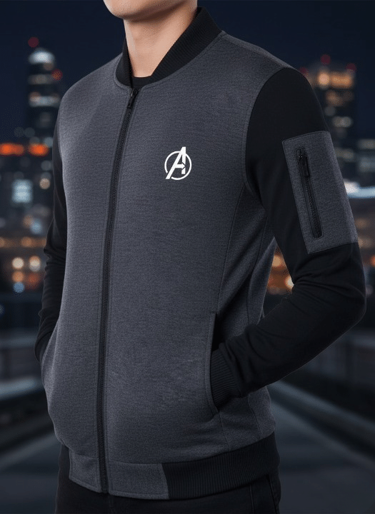 New Winter Collection Charcoal Grey Avenger Printed Zipper Jacket for Men & Boys – Premium French Fleece, Stylish, Comfortable & Durable Winter Wear - Image 2