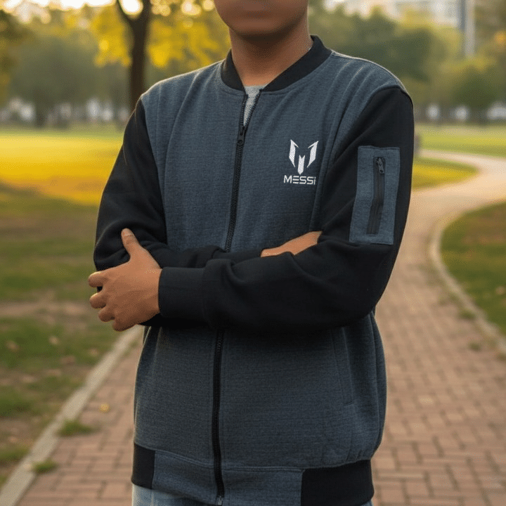 New Winter Collection Charcoal Grey Messi Printed Zipper Jacket for Men & Boys – Premium French Fleece, Smart Fit, Stylish & Comfortable Winter Wear - Image 2