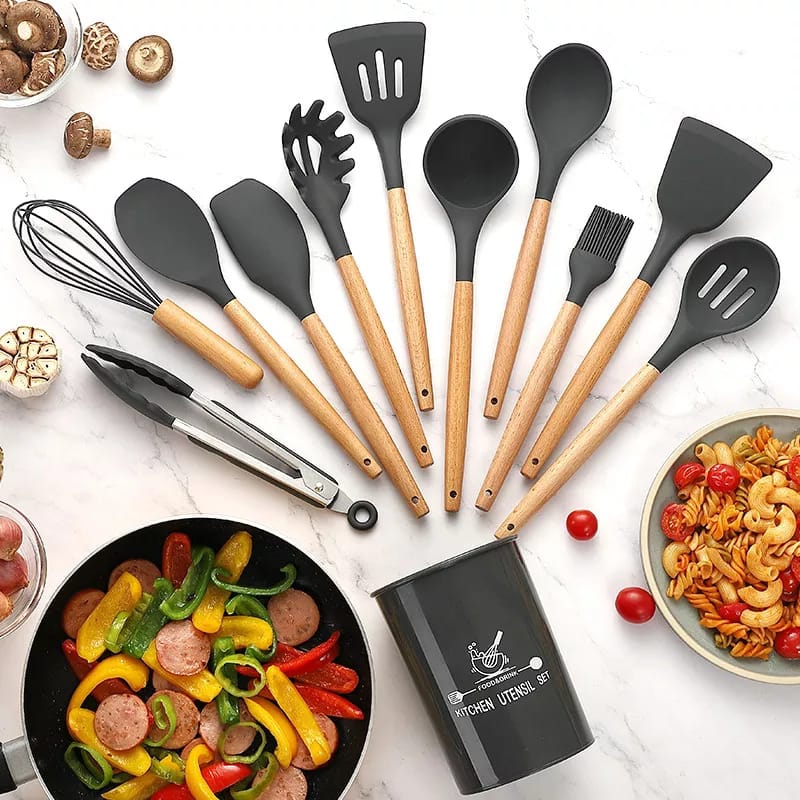 12 Pcs Silicone Cooking Utensils Kitchen Utensil Set | Heat Resistant Kitchen Non toxic Spatula Set with Turner Tongs,Spoon,Brush,Whisk-Wooden Handle - Random Color - Image 14