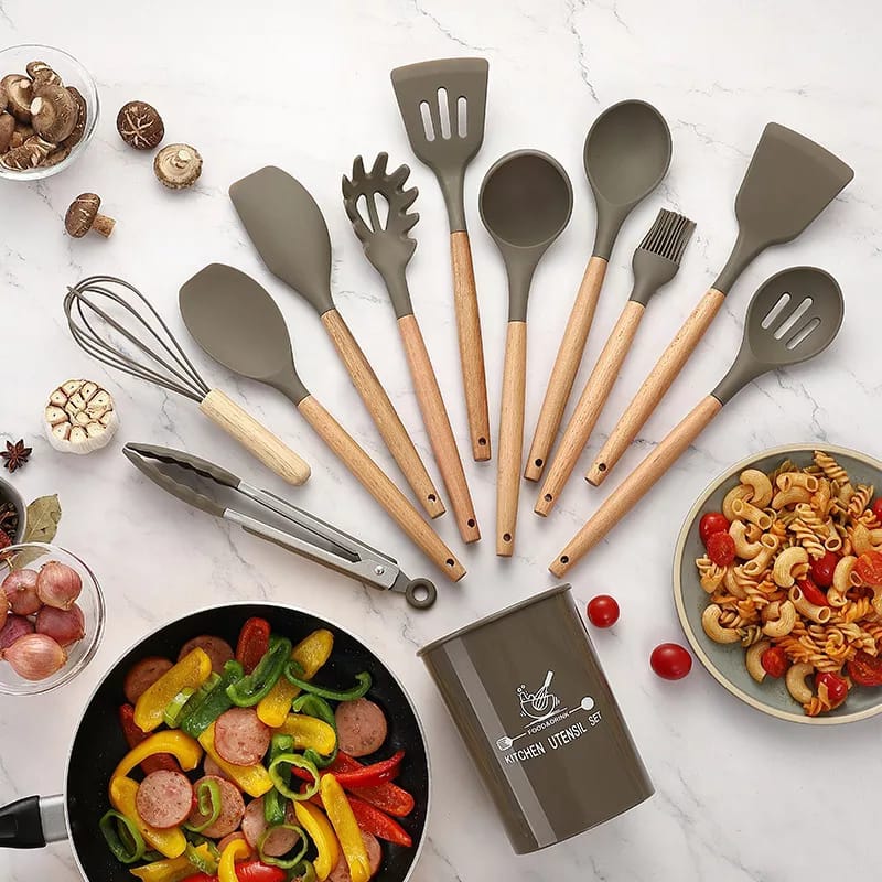 12 Pcs Silicone Cooking Utensils Kitchen Utensil Set | Heat Resistant Kitchen Non toxic Spatula Set with Turner Tongs,Spoon,Brush,Whisk-Wooden Handle - Random Color - Image 15