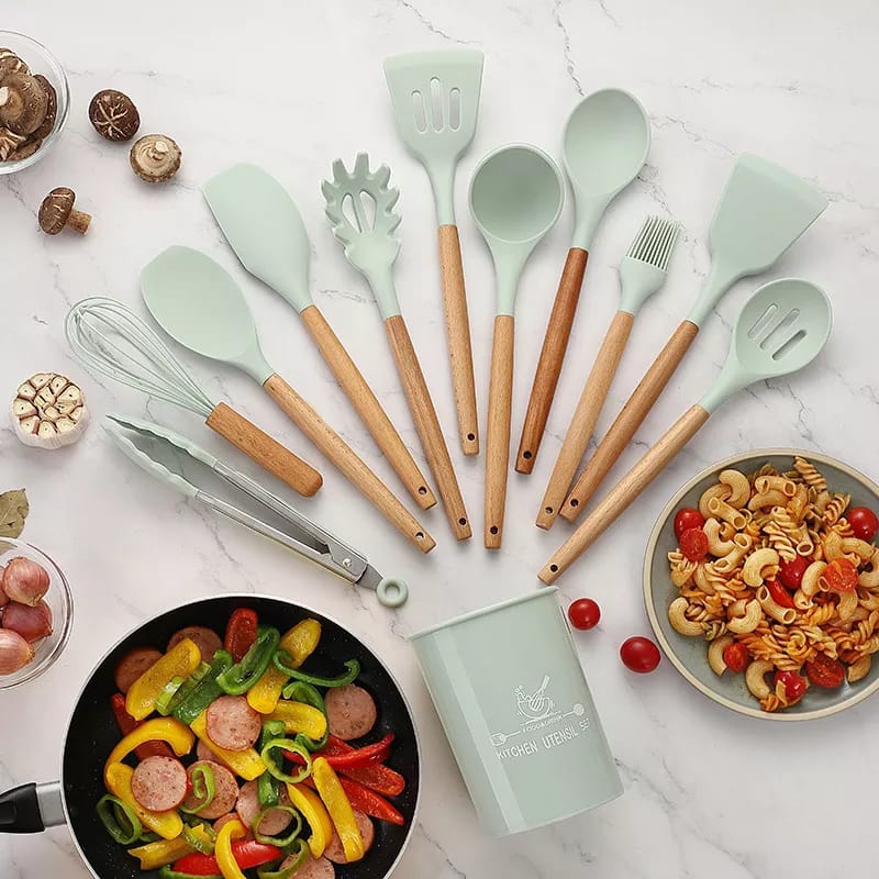 12 Pcs Silicone Cooking Utensils Kitchen Utensil Set | Heat Resistant Kitchen Non toxic Spatula Set with Turner Tongs,Spoon,Brush,Whisk-Wooden Handle - Random Color - Image 17