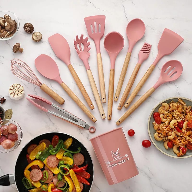12 Pcs Silicone Cooking Utensils Kitchen Utensil Set | Heat Resistant Kitchen Non toxic Spatula Set with Turner Tongs,Spoon,Brush,Whisk-Wooden Handle - Random Color - Image 18