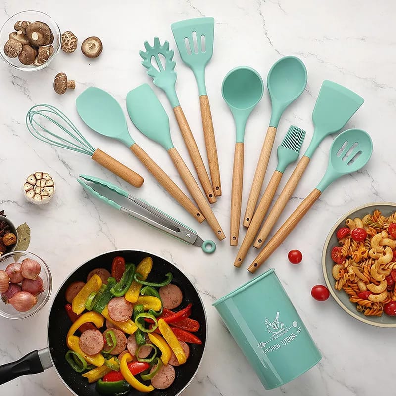 12 Pcs Silicone Cooking Utensils Kitchen Utensil Set | Heat Resistant Kitchen Non toxic Spatula Set with Turner Tongs,Spoon,Brush,Whisk-Wooden Handle - Random Color - Image 16