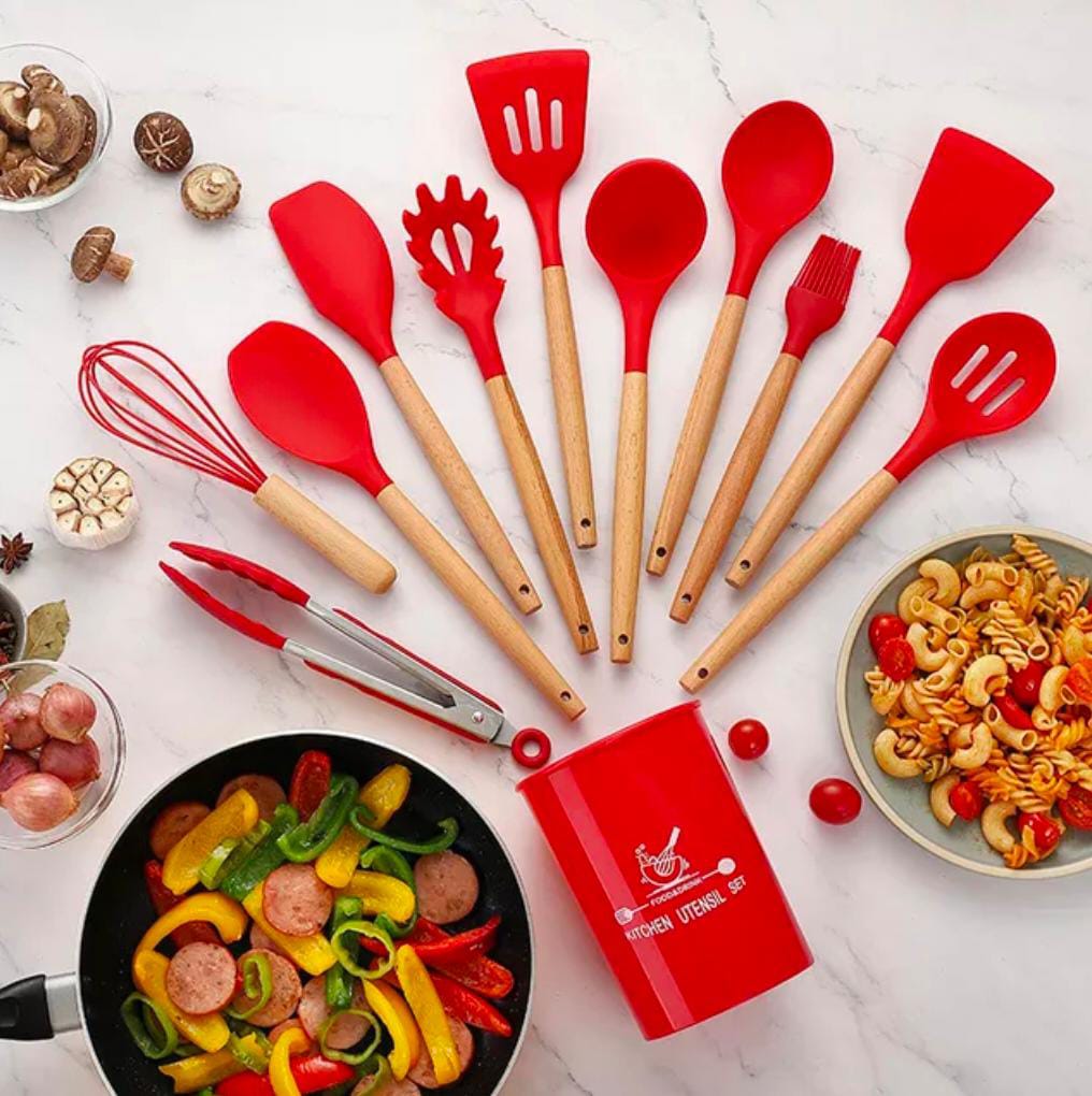 12 Pcs Silicone Cooking Utensils Kitchen Utensil Set | Heat Resistant Kitchen Non toxic Spatula Set with Turner Tongs,Spoon,Brush,Whisk-Wooden Handle - Random Color - Image 2