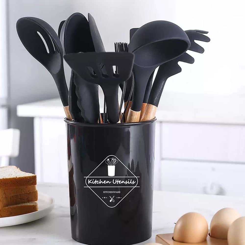 12 Pcs Silicone Cooking Utensils Kitchen Utensil Set | Heat Resistant Kitchen Non toxic Spatula Set with Turner Tongs,Spoon,Brush,Whisk-Wooden Handle - Random Color - Image 19