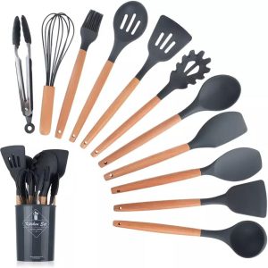 12 Pcs Silicone Cooking Utensils Kitchen Utensil Set | Heat Resistant Kitchen Non toxic Spatula Set with Turner Tongs,Spoon,Brush,Whisk-Wooden Handle - Random Color