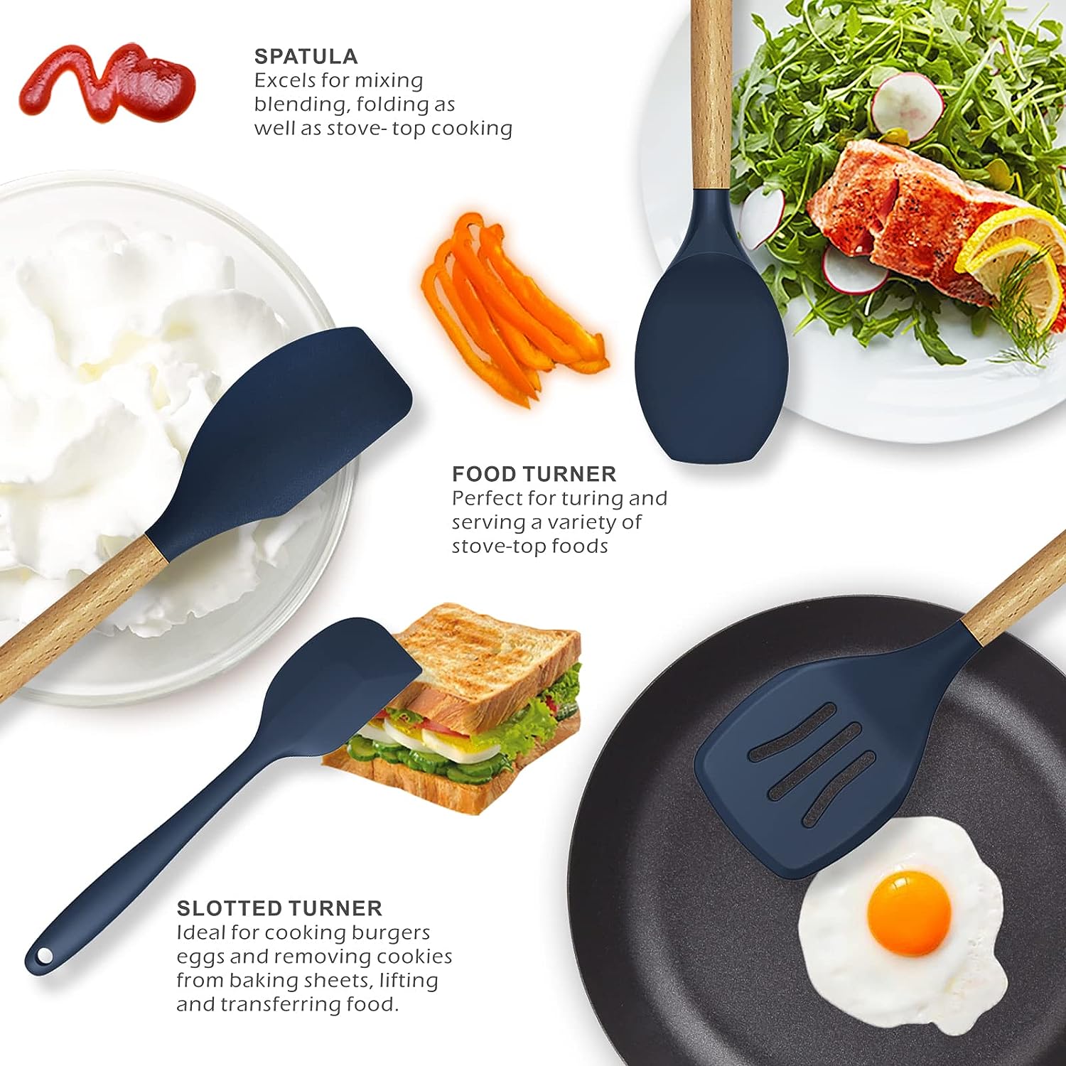 12 Pcs Silicone Cooking Utensils Kitchen Utensil Set | Heat Resistant Kitchen Non toxic Spatula Set with Turner Tongs,Spoon,Brush,Whisk-Wooden Handle - Random Color - Image 4