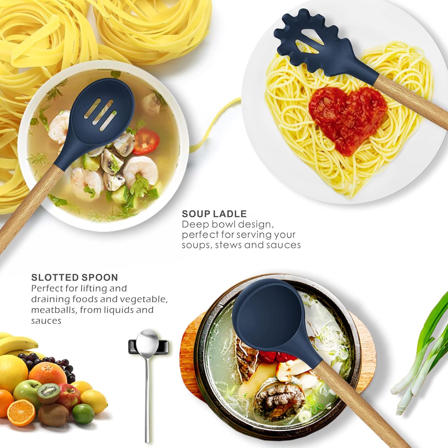 12 Pcs Silicone Cooking Utensils Kitchen Utensil Set | Heat Resistant Kitchen Non toxic Spatula Set with Turner Tongs,Spoon,Brush,Whisk-Wooden Handle - Random Color - Image 3