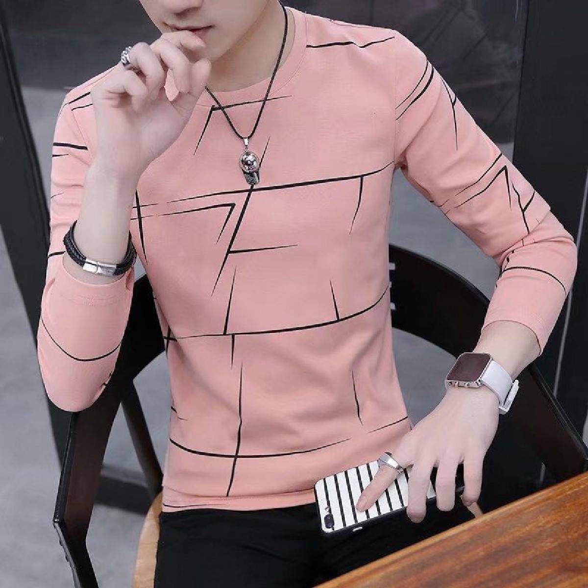 Fancy Cotton Jersey Full Sleeves T Shirt For Men | Best Quality Full Sleeves T Shirt For Men | T Shirt For Boys - Pink T-Shirt with Black Print - Image 2