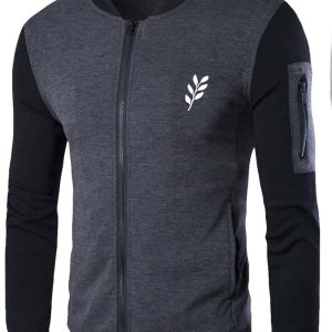 New Winter Collection Charcoal Grey Leaf Printed Zipper Jacket for Men & Boys – Warm & Stylish Fleece Outerwear