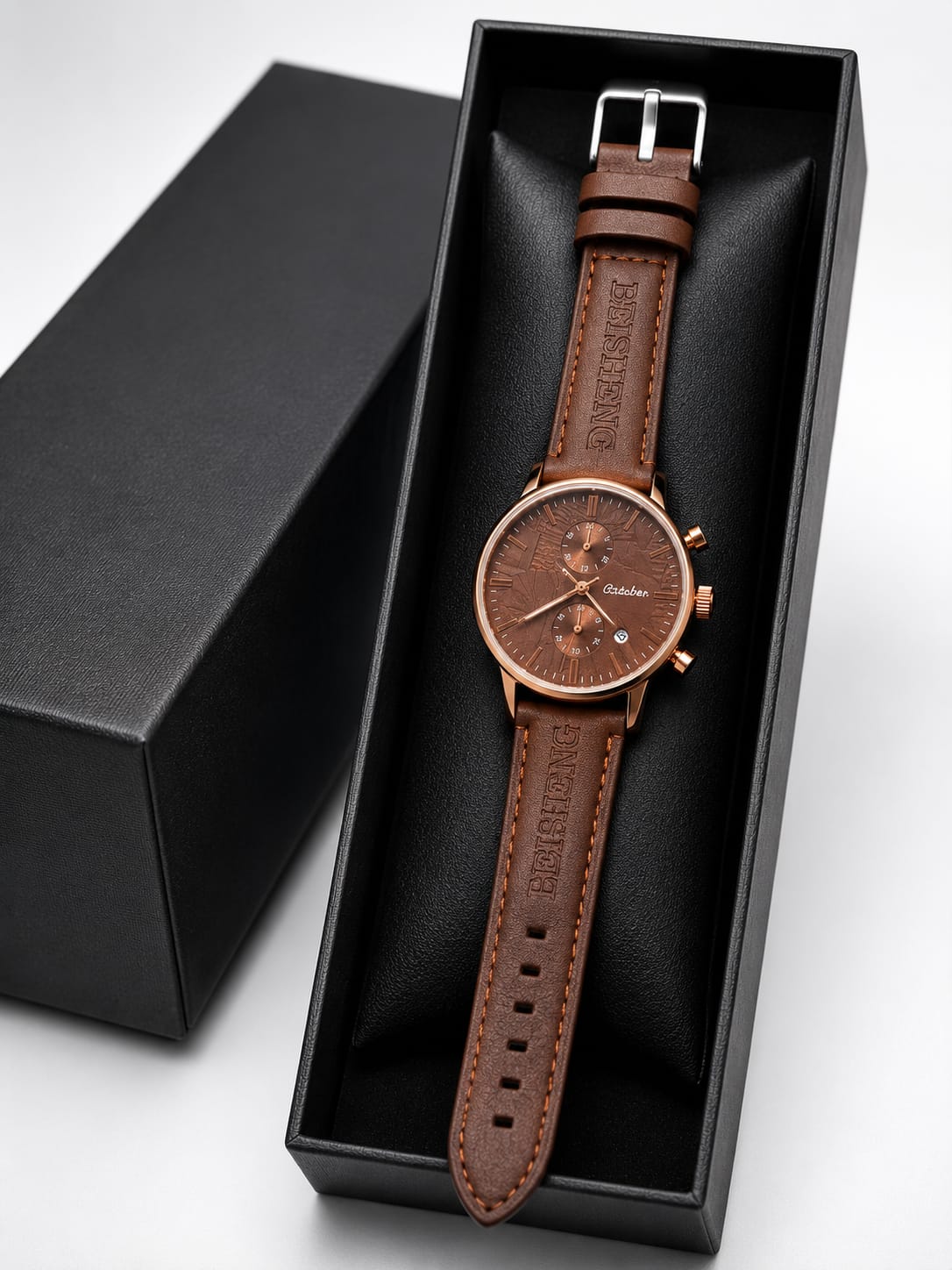 Beisheng Men's Leather Strap Watch Perfect for formal and casual occasions - Brown - Image 3