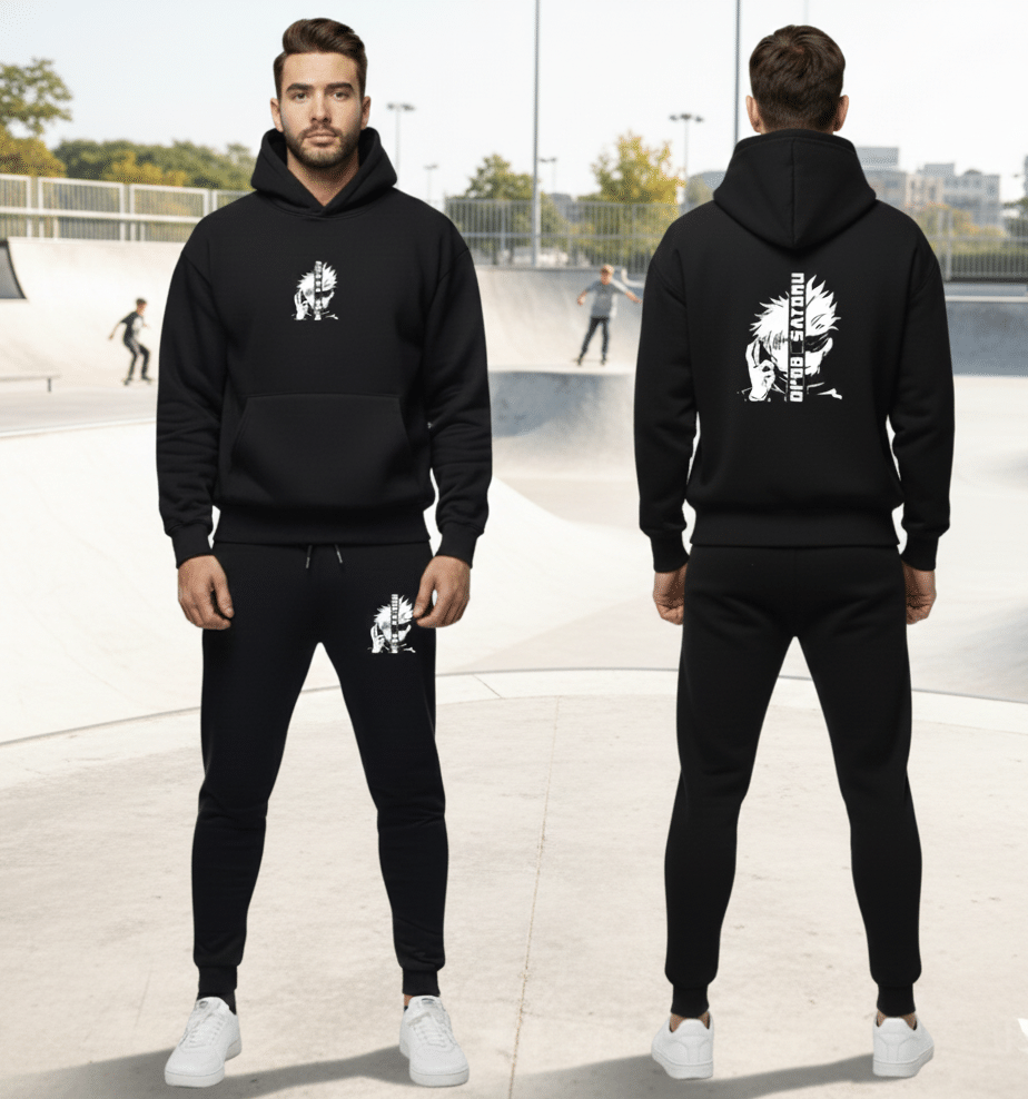 Urban Streetwear Tracksuit – Men’s Heavyweight Black Graphic Hoodie - Image 4