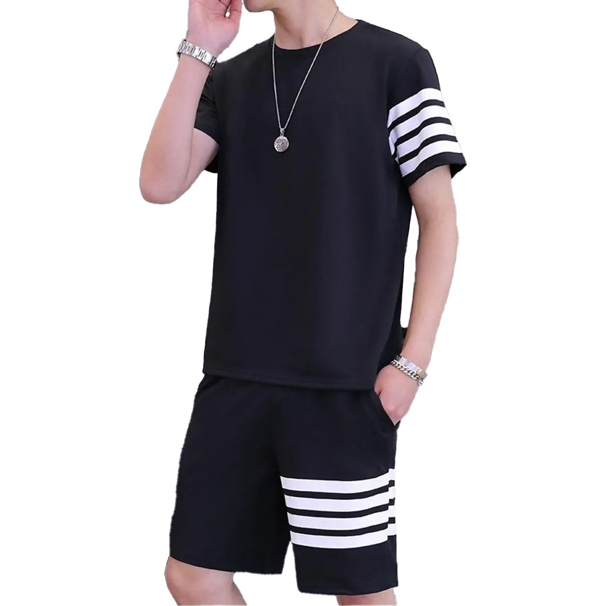 Black Color Trendy LINE Printed Tracksuit for Men | Cotton T-Shirt & Shorts | Summer Casual Wear | Gym & Elegant Suit - Image 2