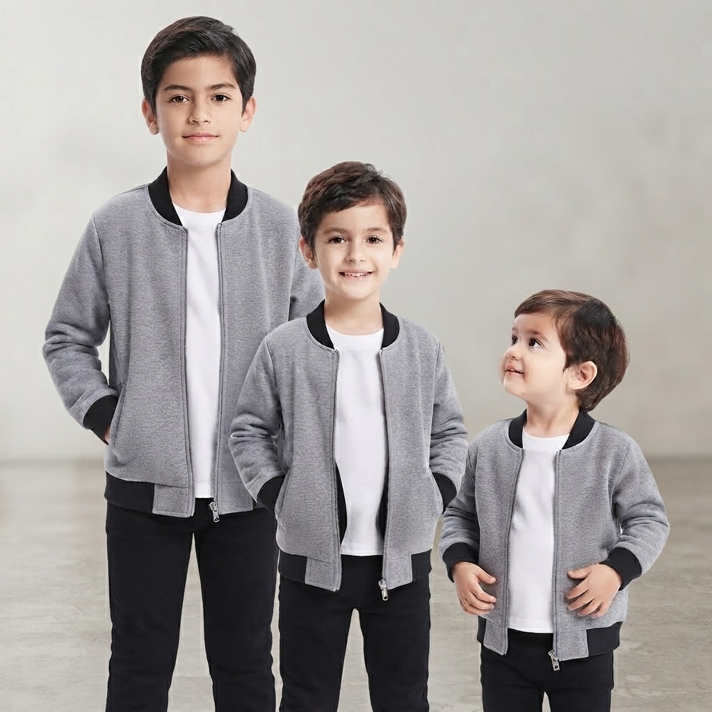 Kids Grey Bomber Zipper Jacket Casual Outerwear Long Sleeve Full Zip Up Daily Wear Winter Fashion - Image 2