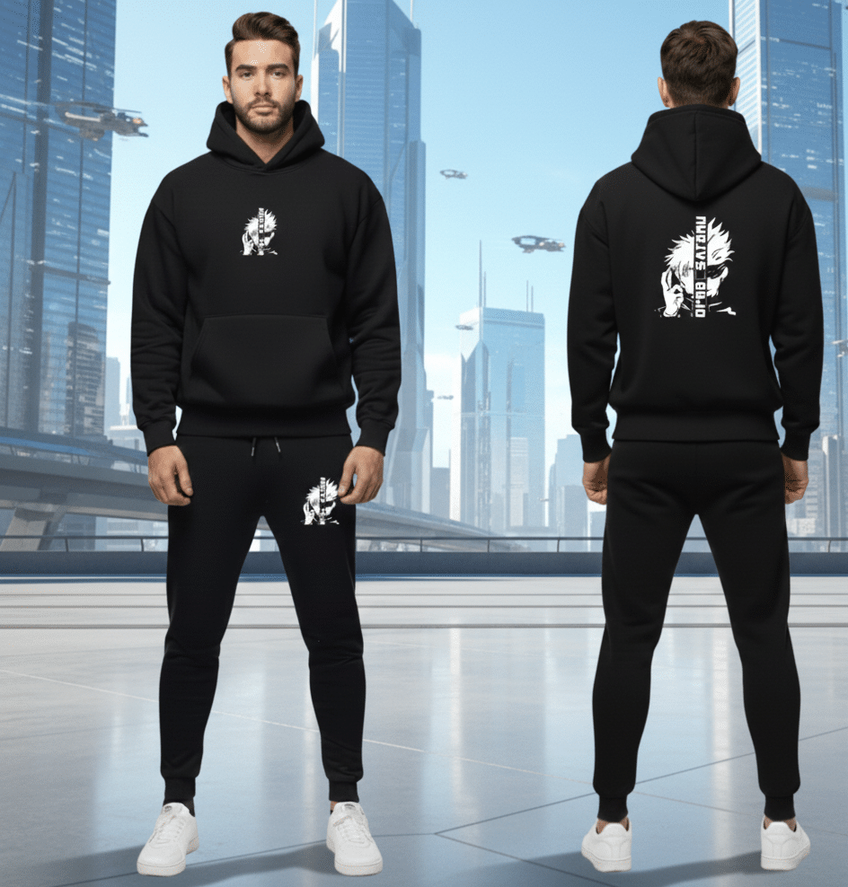Urban Streetwear Tracksuit – Men’s Heavyweight Black Graphic Hoodie - Image 3