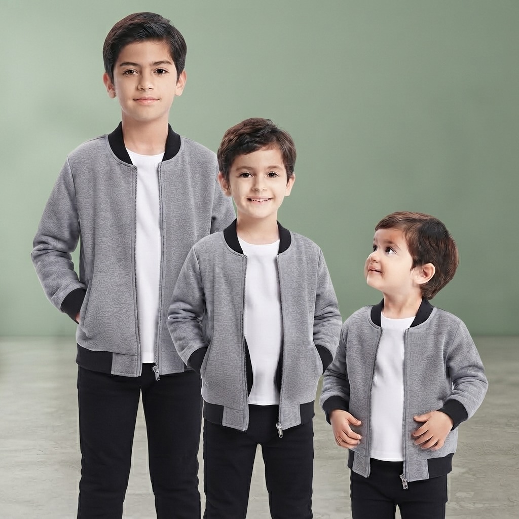 Kids Grey Bomber Zipper Jacket Casual Outerwear Long Sleeve Full Zip Up Daily Wear Winter Fashion - Image 3
